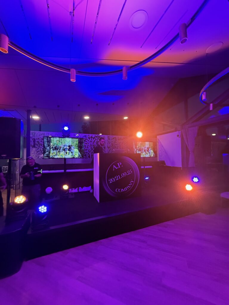 Bar Mitzvah DJ booth with LED screens and colourful uplighting.
