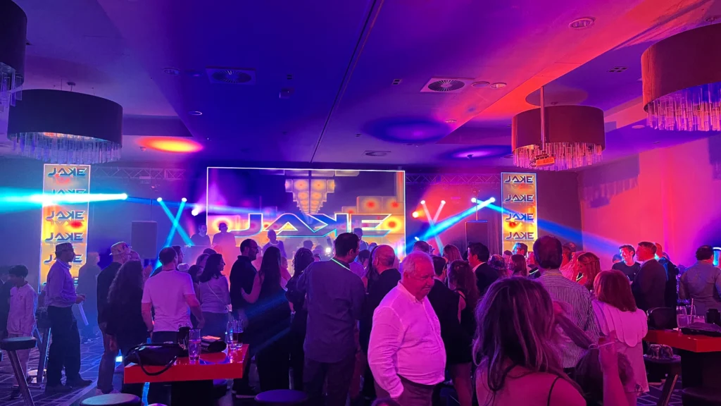 Bar Mitzvah celebration with LED screen visuals and a packed dancefloor.