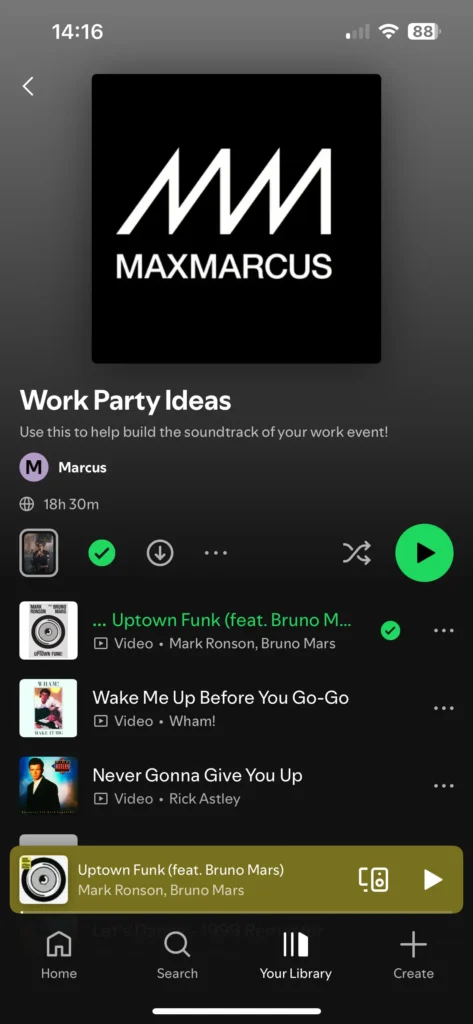 Screenshot of a curated work party music playlist created by Max Marcus for corporate events