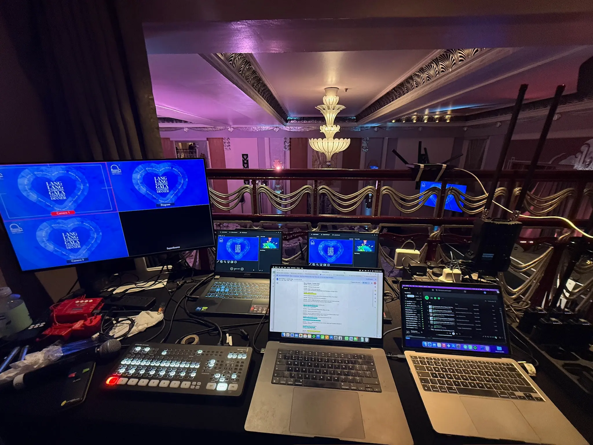 Event production control desk managing live AV and streaming at Lang Lang Foundation gala dinner, London