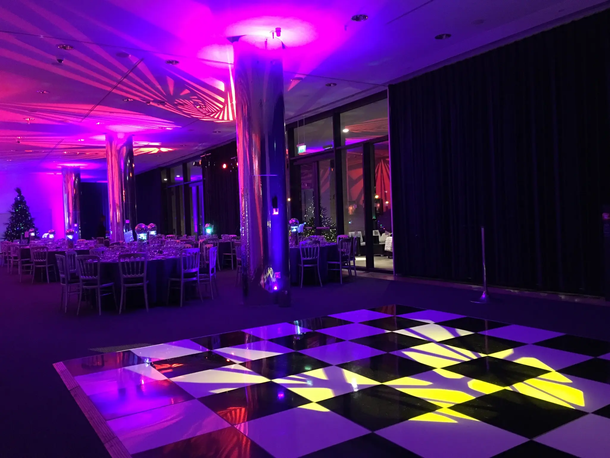Black and white chequered dance floor at Kings Place corporate event in London