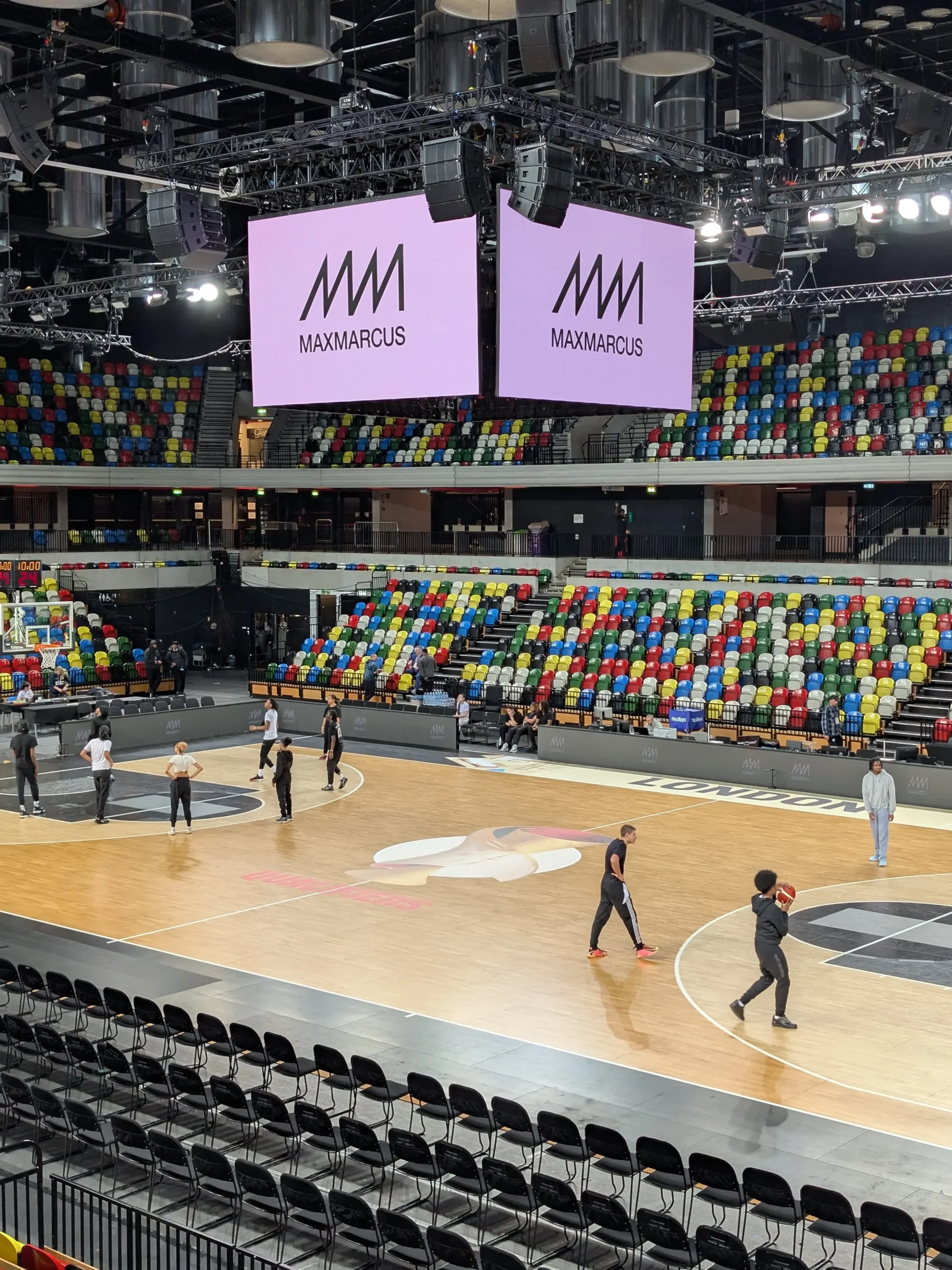 LED cube screens and arena AV production setup at Copper Box Arena for London Lions basketball game