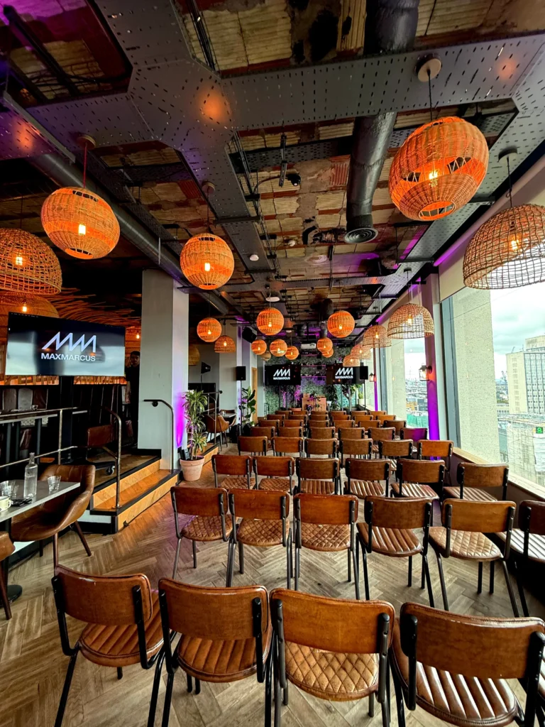 Corporate AV theatre setup at Treehouse London with branded presentation screens, stage and audience seating