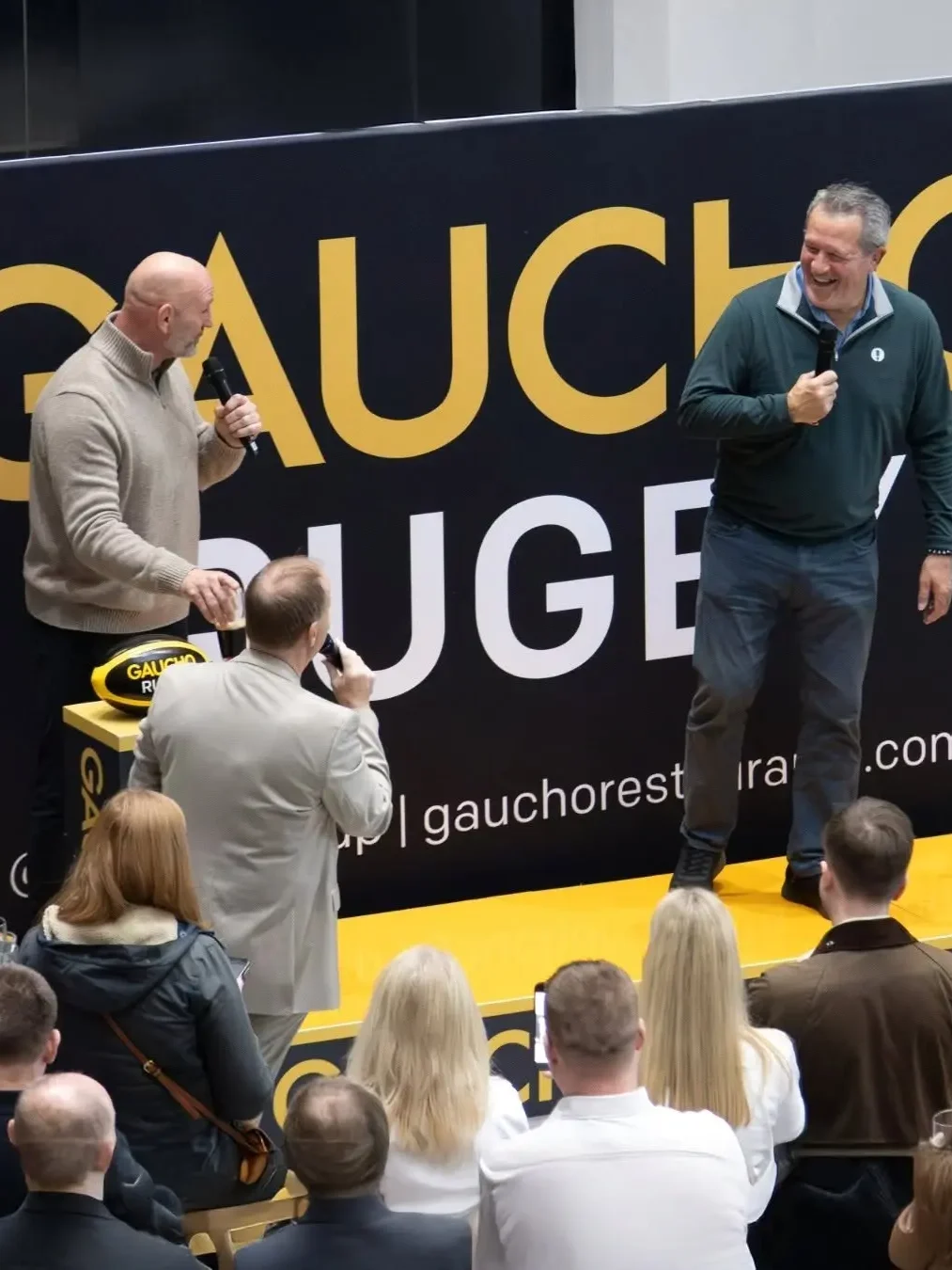 Laurence Dallaglio and Zinzan Brooke live on stage at Gaucho Rugby corporate hospitality event