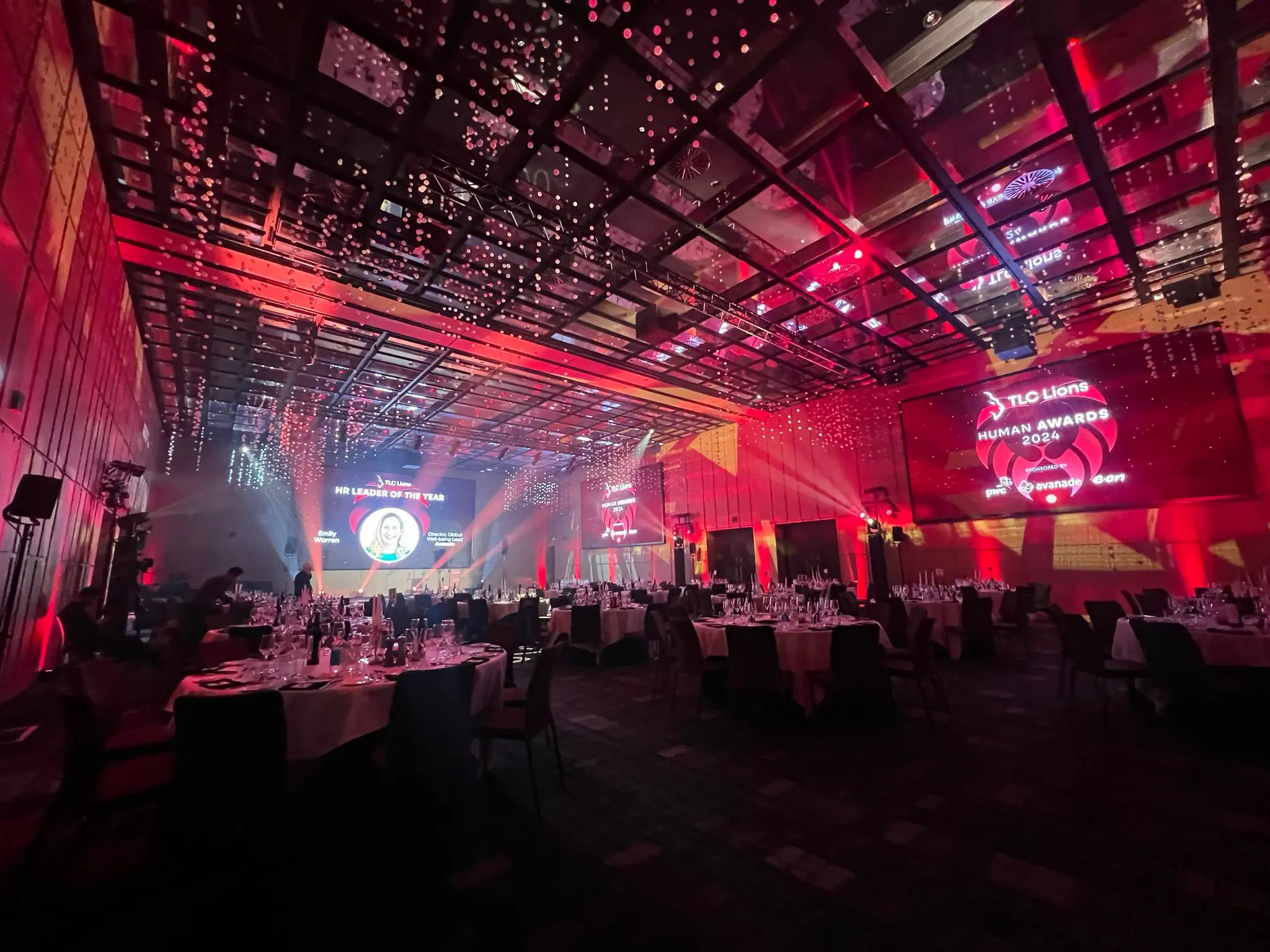 Large-scale awards event production with projection screens and stage lighting at TLC Lions Human Awards 2024, London