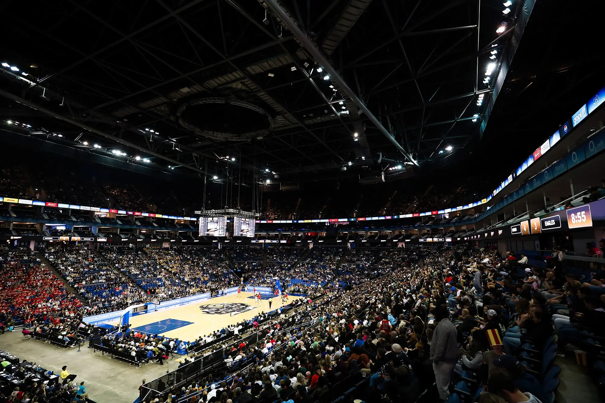 Wide shot of Super League Basketball Play-Off Finals crowd and full arena production setup at The O2 Arena