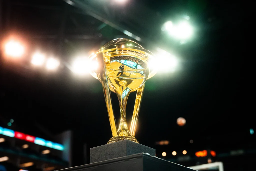 SLB championship trophy illuminated under arena lighting at the 2025 finals