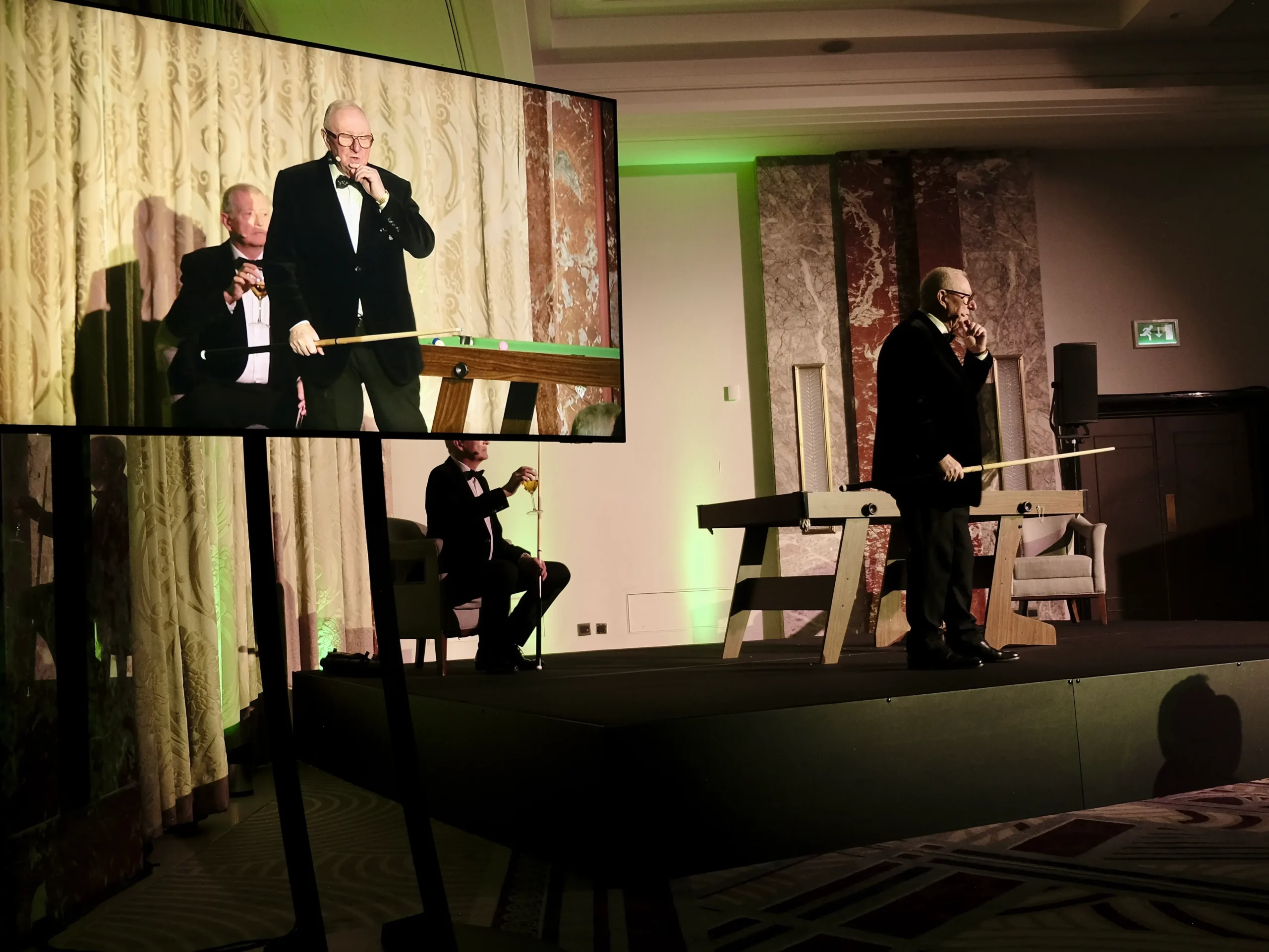 Steve Davis and Dennis Taylor recreating the 1985 black ball final at Sporting Club Awards Gala 2025 with live stage AV production