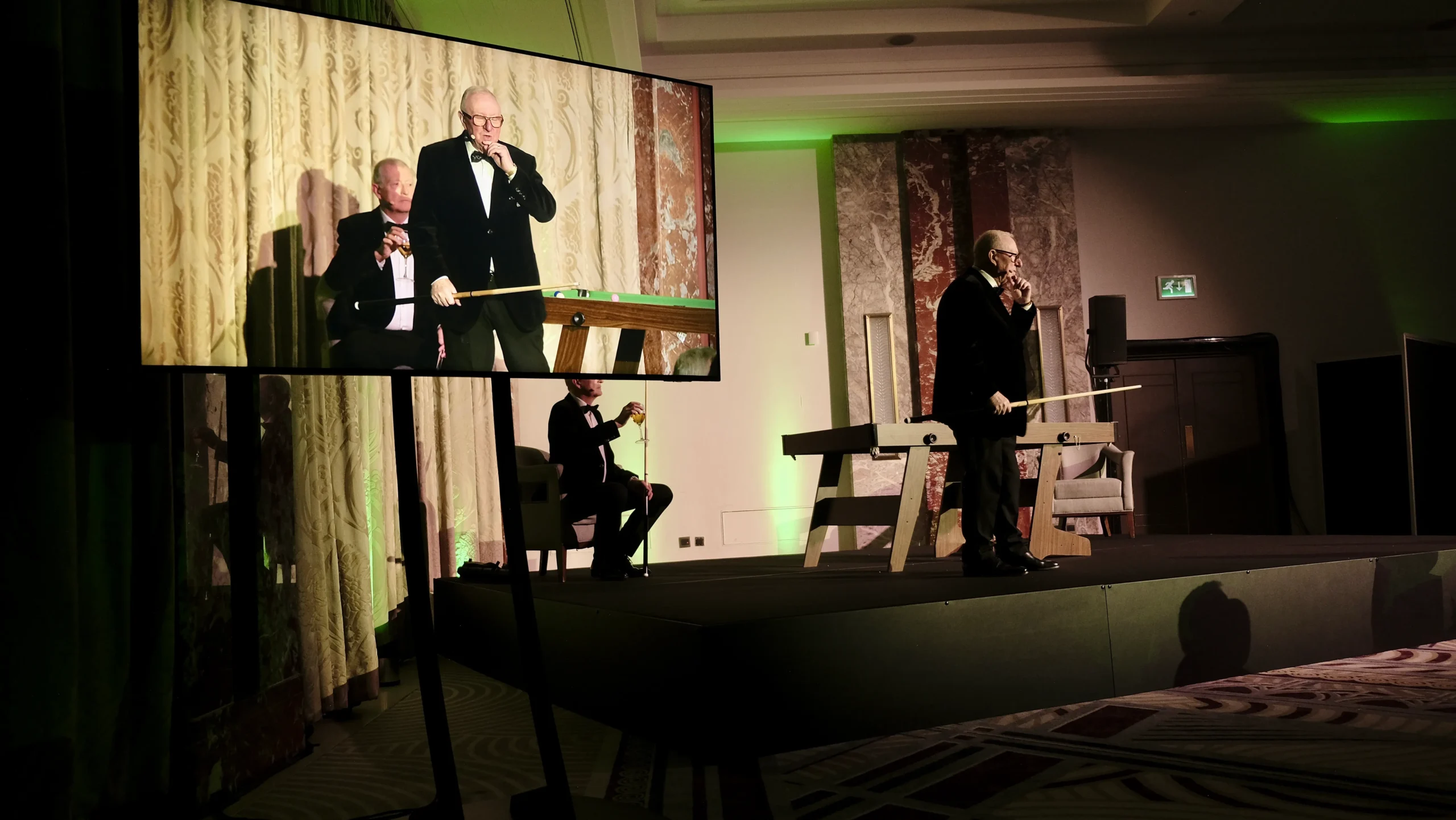 Sporting Club gala awards dinner stage presentation with snooker demonstration and live video screen production