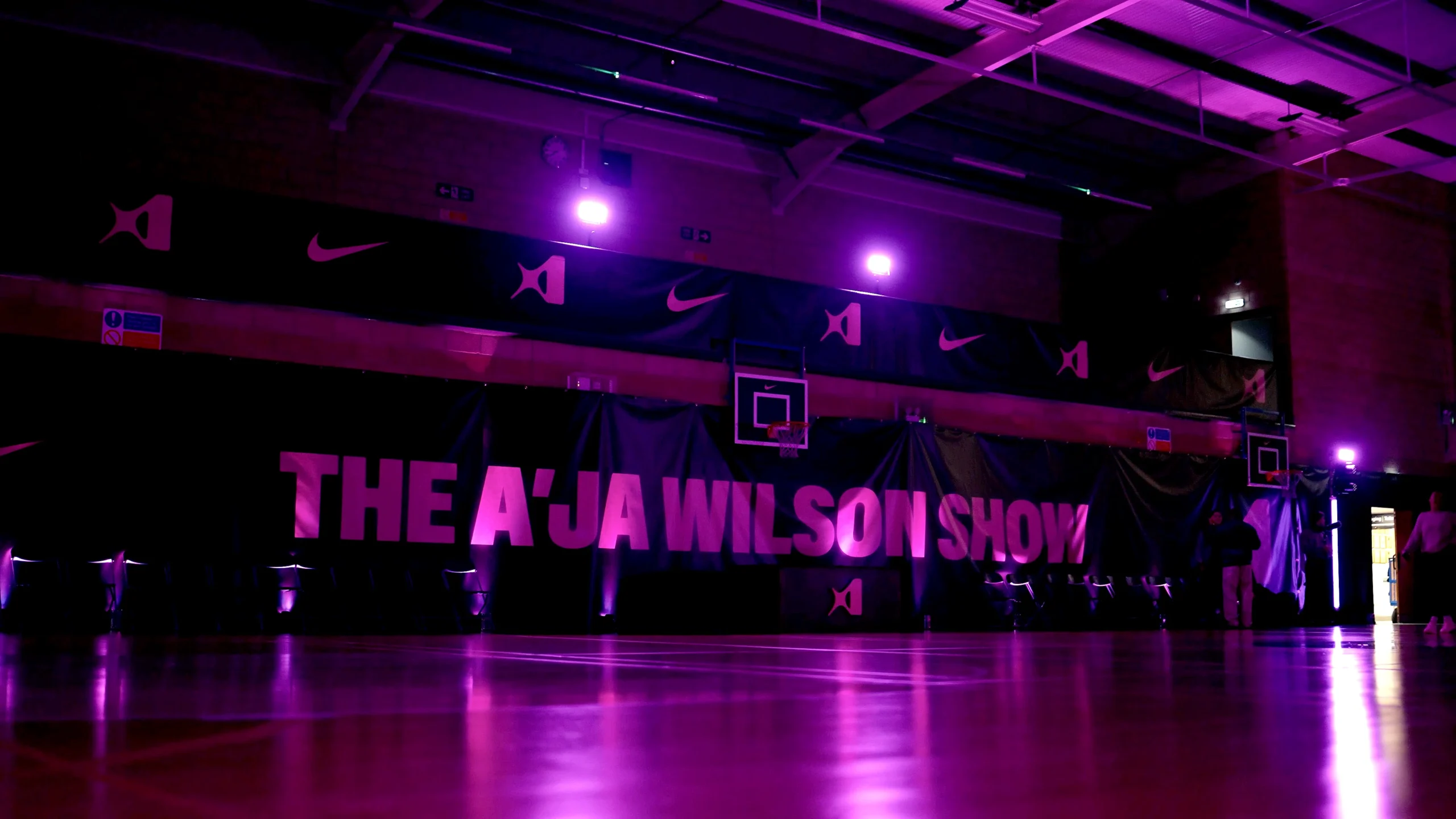 Nike branded The A’ja Wilson Show backdrop inside transformed Barking Abbey gymnasium