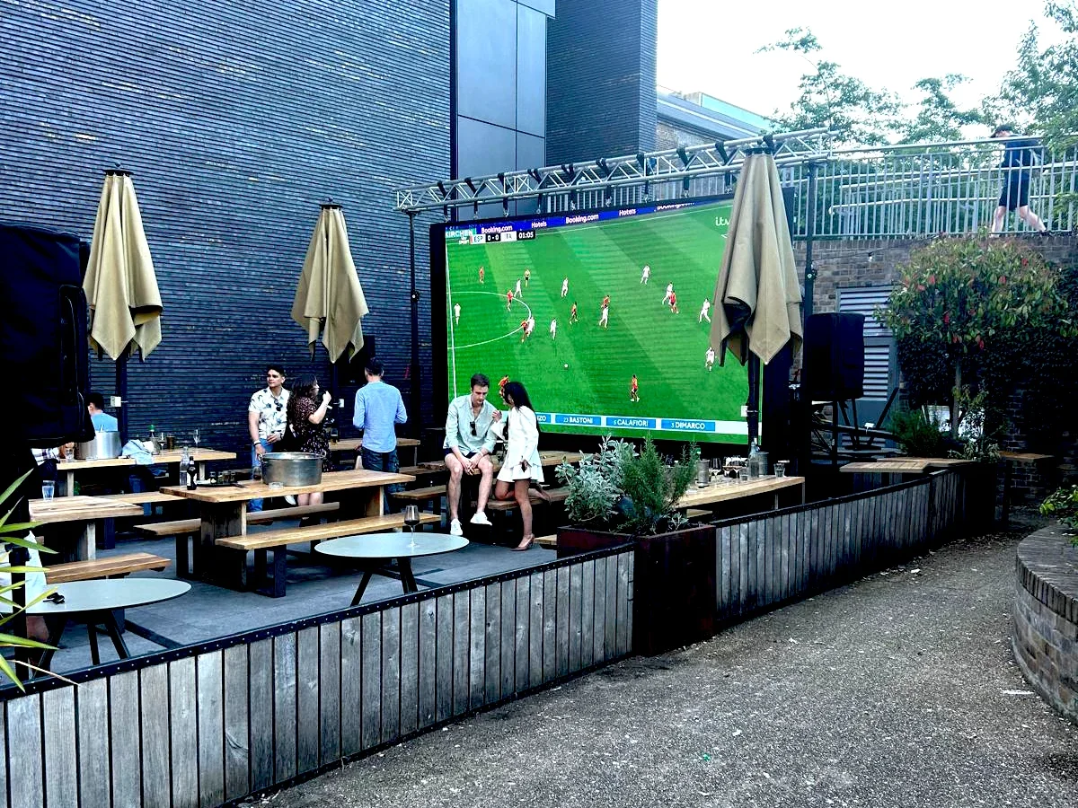 LED video wall hire London at outdoor venue with large display for live sports viewing