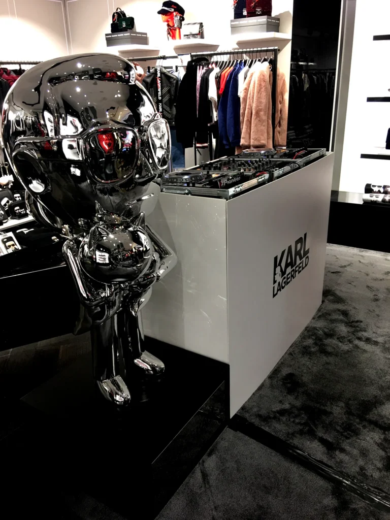 Karl Lagerfeld in-store DJ booth and sound system setup for retail activation in London