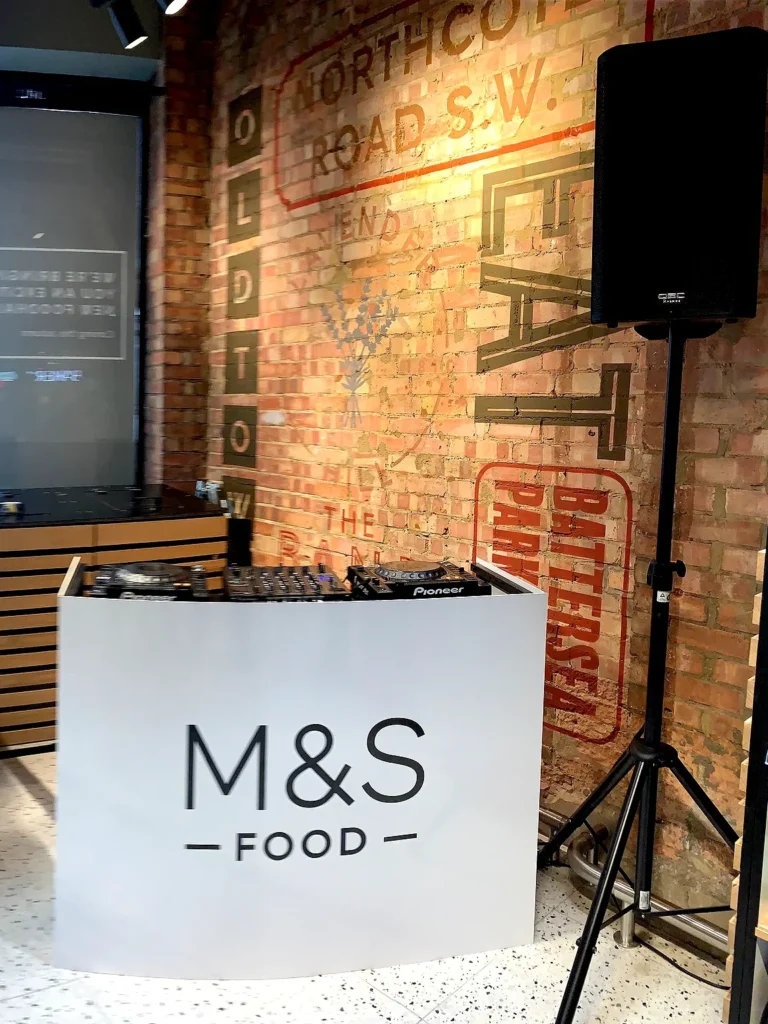 Branded DJ booth and sound system hire for M&S Food retail event in London