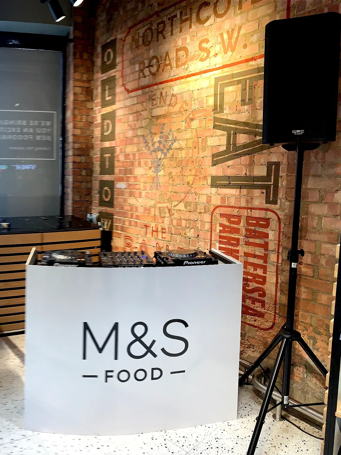 Branded DJ booth and sound system hire for M&S Food retail event in London