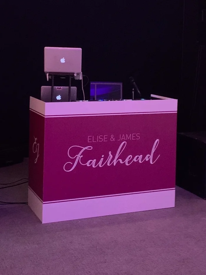 Custom printed DJ booth for a luxury wedding reception in London.