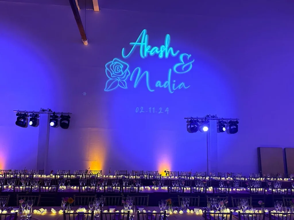 Personalised wedding monogram projection with custom names and wedding date
