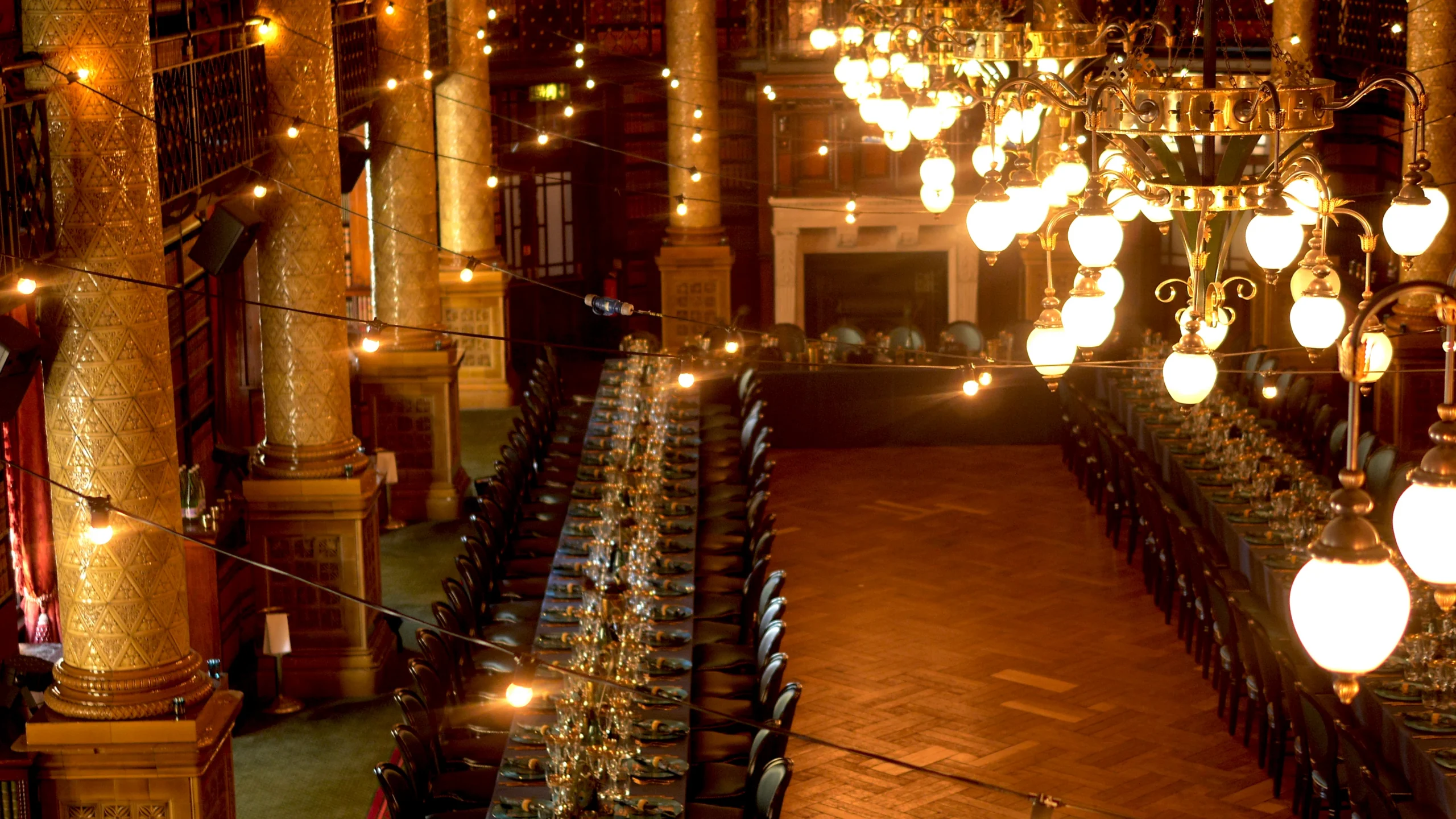 Festoon lighting installed across a luxury event venue in London