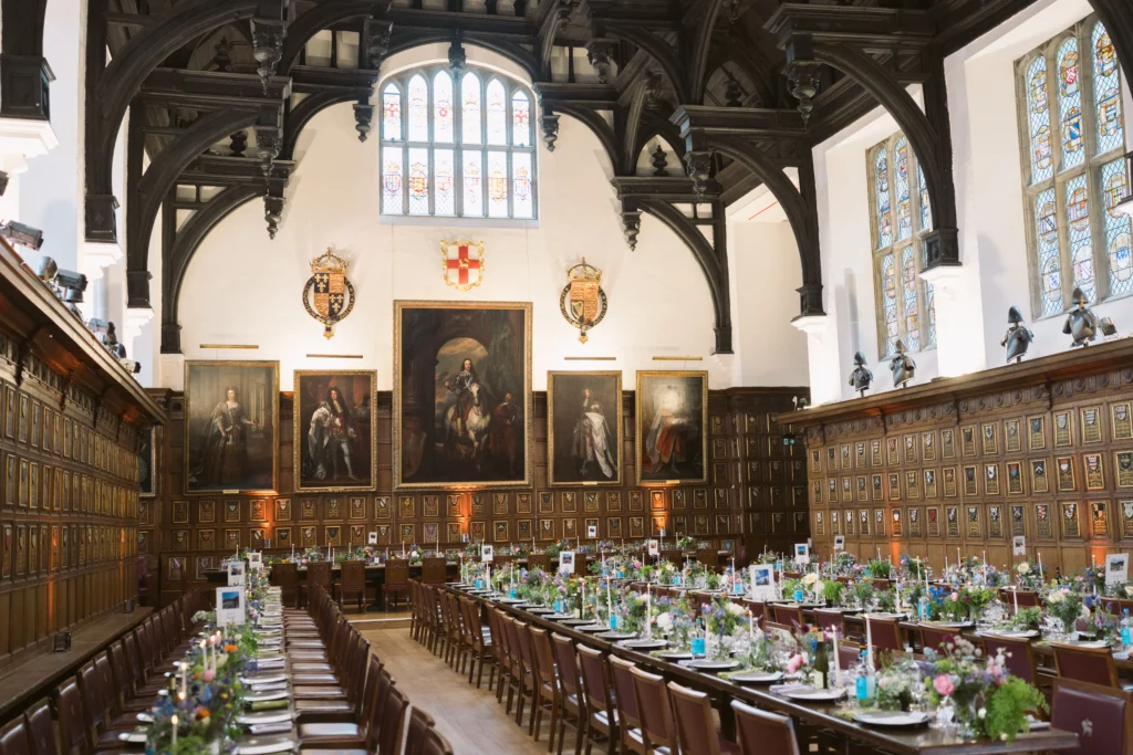 Wedding reception set for dinner inside Middle Temple Hall in London