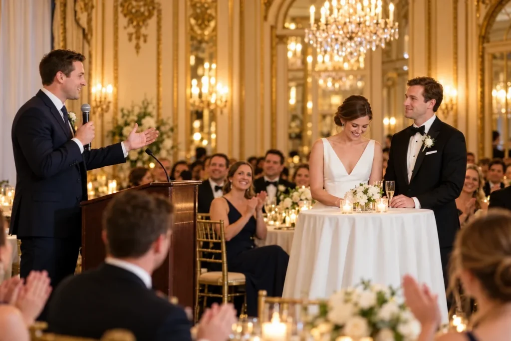 Wedding speech using a microphone during an elegant reception